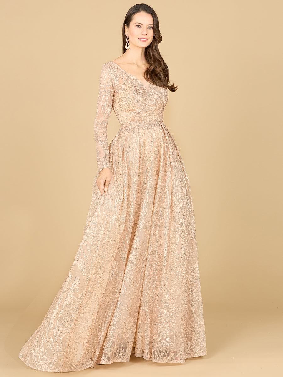 Lara 29142 Long Sleeve A line Gown with a V Neckline