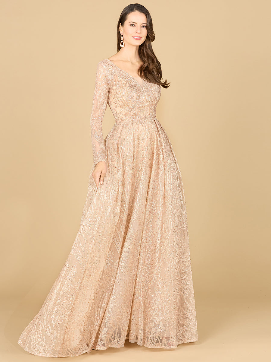Lara 29142 - Long Sleeve, A-line Gown with a V-Neckline-Dress-Lara-4-Champagne-Lara