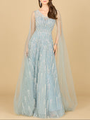 Lara 29143 - Lace Gown with Cape Sleeves and V-neckline-Dress-Lara-4-Dusty Blue-Lara