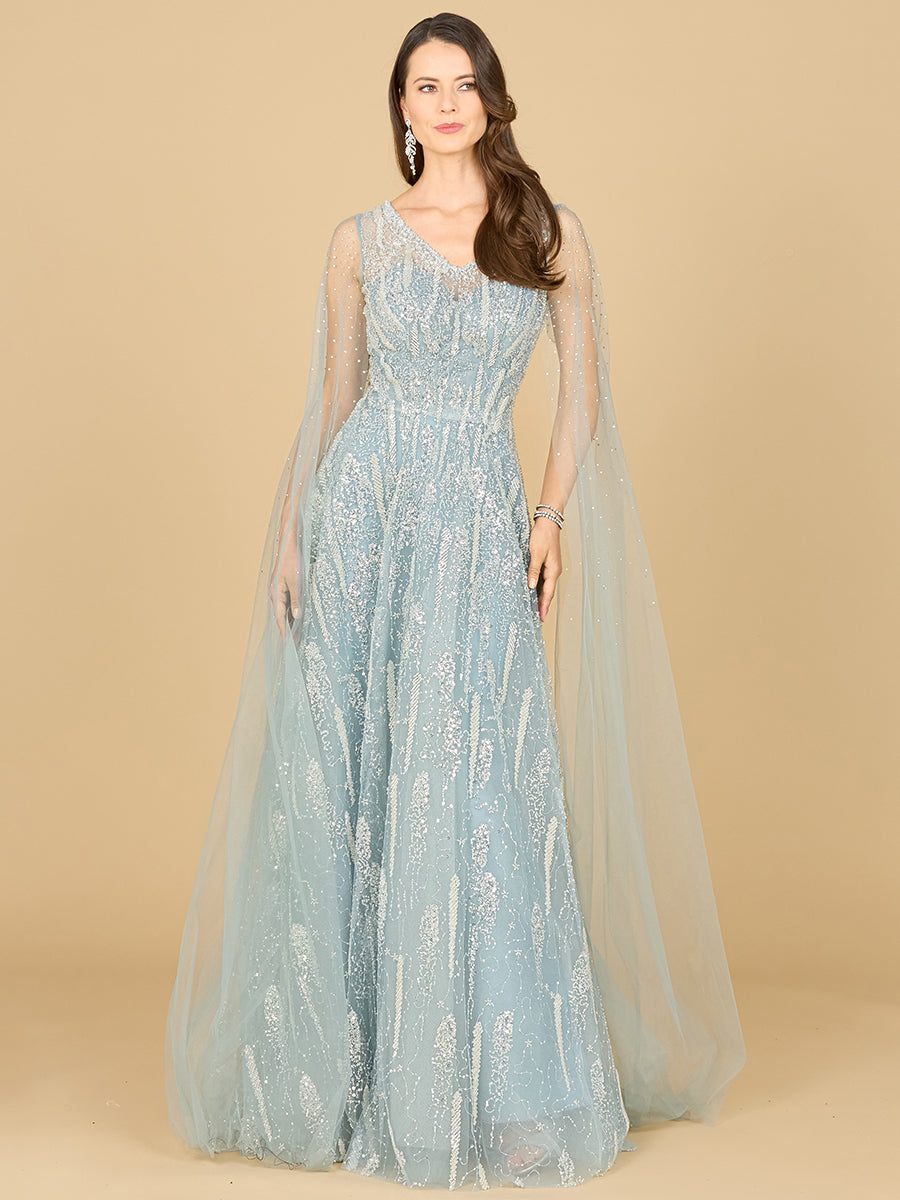 Lara 29143 - Lace Gown with Cape Sleeves and V-neckline-Dress-Lara-4-Dusty Blue-Lara