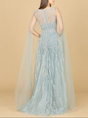 Lara 29143 - Lace Gown with Cape Sleeves and V-neckline-Dress-Lara-Lara