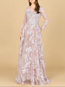 Lara 29148 - Long Sleeve, Illusion Neck Gown-Dress-Lara-4-Mauve-Lara
