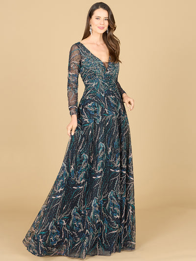 Lara 29153 - Lace Gown With Long Sleeves-Dress-Lara-4-Dark Blue-Lara