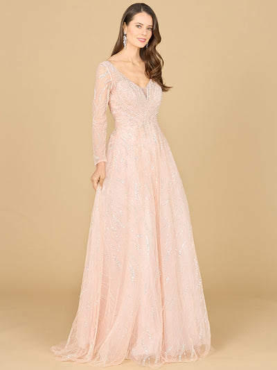 Lara 29157 - Long Sleeve Beaded Lace Gown-Dresses-Lara-Powder Pink-4-Lara