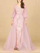 Lara 29158 - Long Sleeve Lace Gown with Removable Over Skirt-Dress-Lara-4-Mauve-Lara