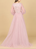 Lara 29158 - Long Sleeve Lace Gown with Removable Over Skirt-Dress-Lara-Lara
