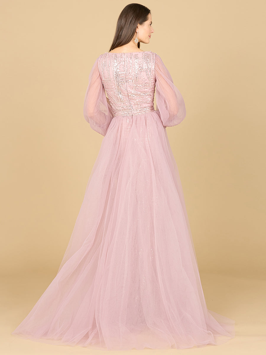 Lara 29158 - Long Sleeve Lace Gown with Removable Over Skirt-Dress-Lara-Lara