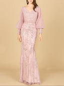 Lara 29158 - Long Sleeve Lace Gown with Removable Over Skirt-Dress-Lara-Lara