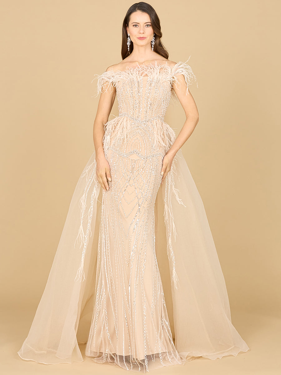 Lara 29161 -Off Shoulder Gown with Feathers-Dress-Lara-4-Champagne-Lara