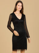 Lara 29164 - Classic V-Neck Beaded Long Sleeve Cocktail Dress-Dress-Lara-2-Black-Lara