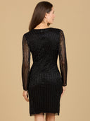 Lara 29164 - Classic V-Neck Beaded Long Sleeve Cocktail Dress-Dress-Lara-Lara