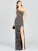 Lara 29170 - One-Shoulder Beaded Gown with High Slit-Dresses-Lara-0-Black/Silver-Lara