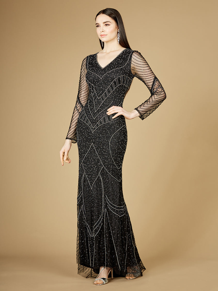 Lara 29173 Long Sleeve Beaded Dresses with Sheer Sleeves