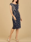Lara 29174 - Cap Sleeve Midi Gown with High Neckline-Dresses-Lara-4-Navy-Lara