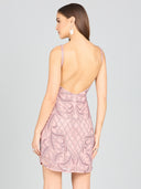 Lara 29176 - Deep V-Neck Beaded Mini Dress with Low Back-Dress-Lara-Lara