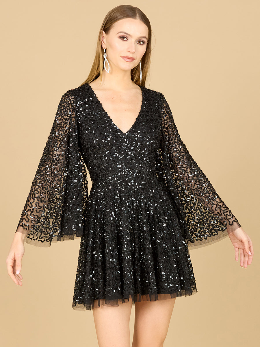 Lara 29178 - Bell Sleeve Sequin Cocktail Dress Black / 0 Lara 29178 - Bell Sleeve Sequin Cocktail Dress Black / 0