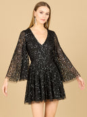 Lara 29178 - Bell Sleeve Sequin Cocktail Dress-Dresses-Lara-0-Black-Lara
