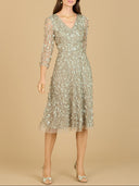 Lara 29184 - Flowing, 3D Embroidered Midi Dress with Sleeves-Dresses-Lara-2-Olive-Lara