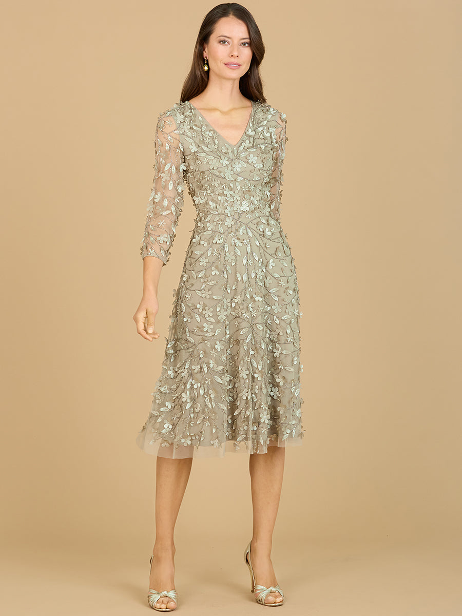 Lara 29184 - Flowing, 3D Embroidered Midi Dress with Sleeves-Dresses-Lara-2-Olive-Lara