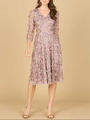 Lara 29184 - Flowing, 3D Embroidered Midi Dress with Sleeves-Dresses-Lara-2-Dark Taupe-Lara