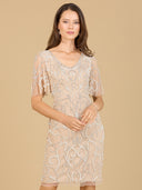 Lara 29185 - Beaded Short Dress with Cape Sleeves-Dresses-Lara-4-Buff Pearl-Lara