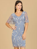 Lara 29185 - Beaded Short Dress with Cape Sleeves-Dresses-Lara-4-Dusty Periwinkle-Lara