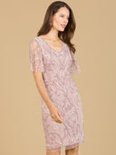 Lara 29185 - Beaded Short Dress with Cape Sleeves-Dresses-Lara-4-Dusty Rose-Lara