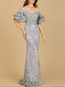 Lara 29190 - Off Shoulder Mermaid Beaded Gown with Tiered Sleeves-Dress-Lara-4-Grey-Lara