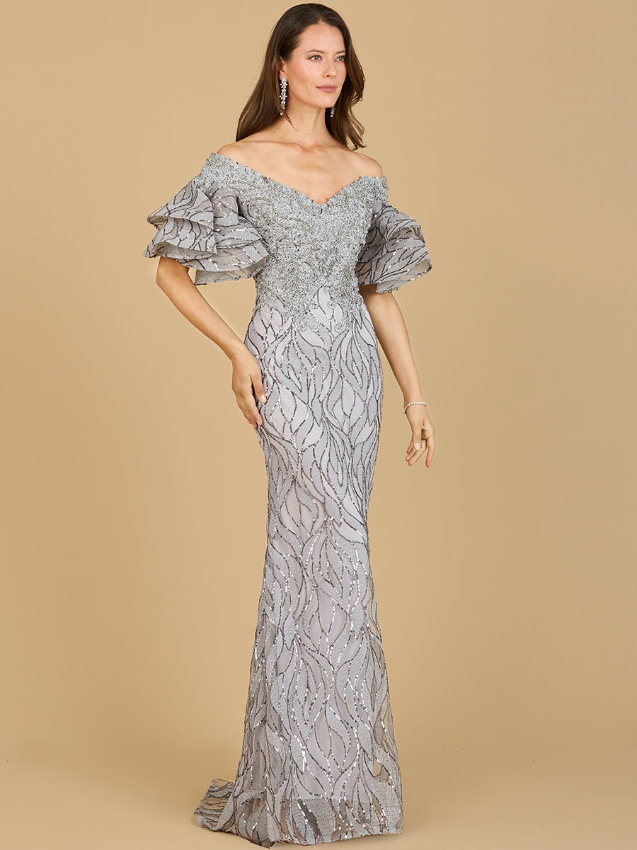 Lara 29190 - Off Shoulder Mermaid Beaded Gown with Tiered Sleeves-Dress-Lara-4-Grey-Lara