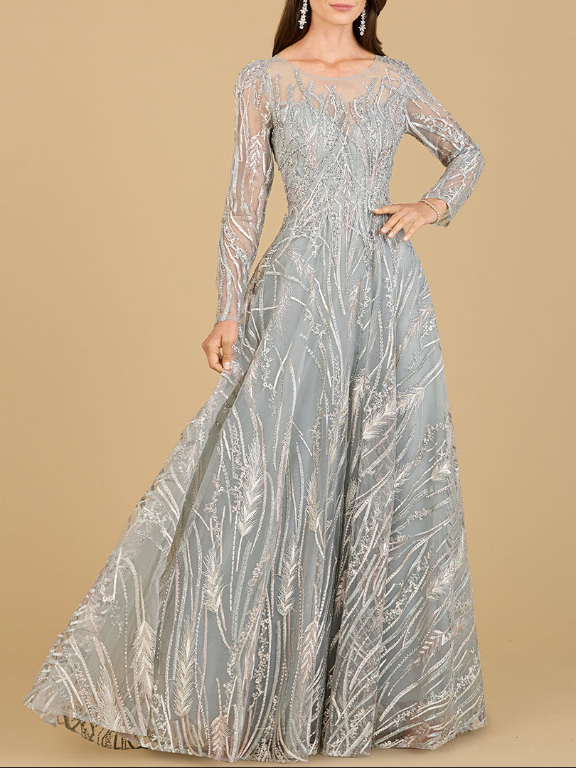 Long Sleeve Illusion Neck Gown Silver Sage / 4 Long Sleeve Illusion Neck Gown Silver Sage / 4