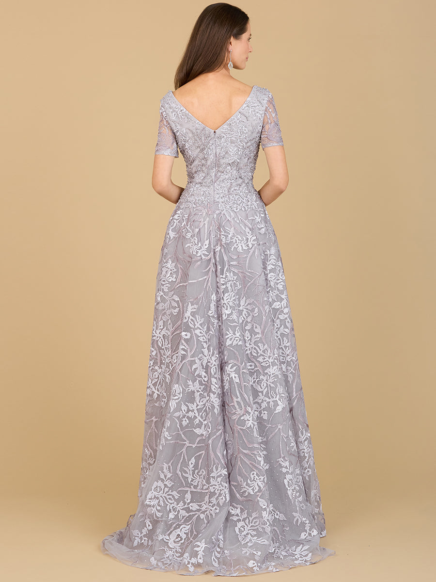 Lara 29193 - Short Sleeve Lace A-Line Dress with V-Neckline-Dress-Lara-Lara
