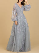 Lara 29195 - V Neckline Balloon Sleeve Gown-Dress-Lara-4-Dusk-Lara