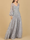 Lara 29198 - V Neckline Long Sleeve Gown-Dress-Lara-4-Grey-Lara