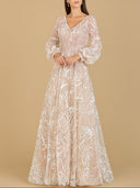 Lara 29198 - V Neckline Long Sleeve Gown-Dress-Lara-4-Powder Pink-Lara