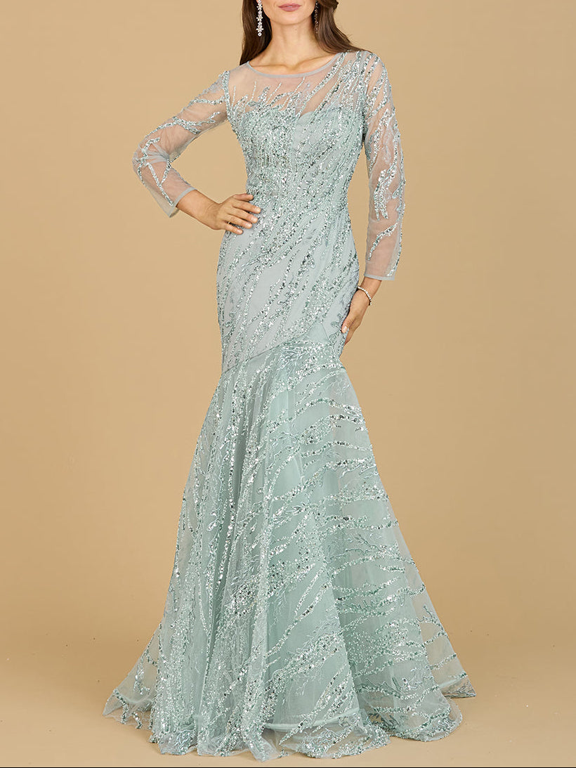 Lara Long Sleeve Mermaid Beaded Gown Seafoam / 14