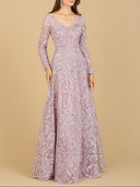 Lara 29200 - A-line Gown With Long Sleeves, V-Neckline-Dress-Lara-4-Mauve-Lara
