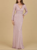 Lara 29203 - Long Sleeve V-Neck Beaded Gown-Dress-Lara-4-Dusty Rose-Lara