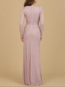 Lara 29203 - Long Sleeve V-Neck Beaded Gown-Dress-Lara-Lara