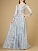 Lara 29206 - Long Sheer Sleeve V-Neckline Sheath Gown-Dresses-Lara-4-Light Blue-Lara