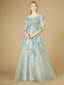Lara 29208 - High Neck Lace Gown with Sheer Sleeves-Dress-Lara-4-Seafoam-Lara