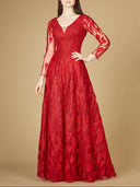 Lara 29212 - Long Sleeve V-Neck Ballgown-Dress-Lara-4-Red-Lara