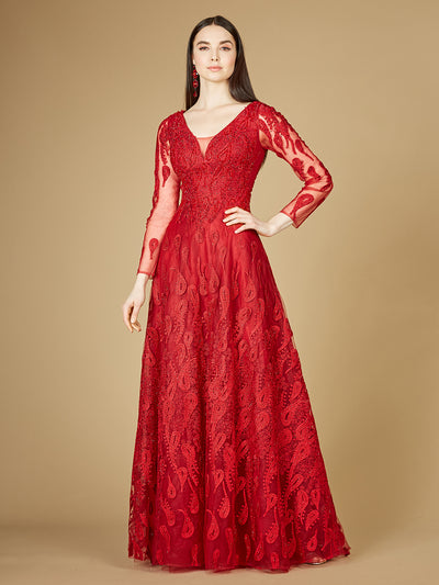 Lara 29212 - Long Sleeve V-Neck Ballgown-Dress-Lara-4-Red-Lara