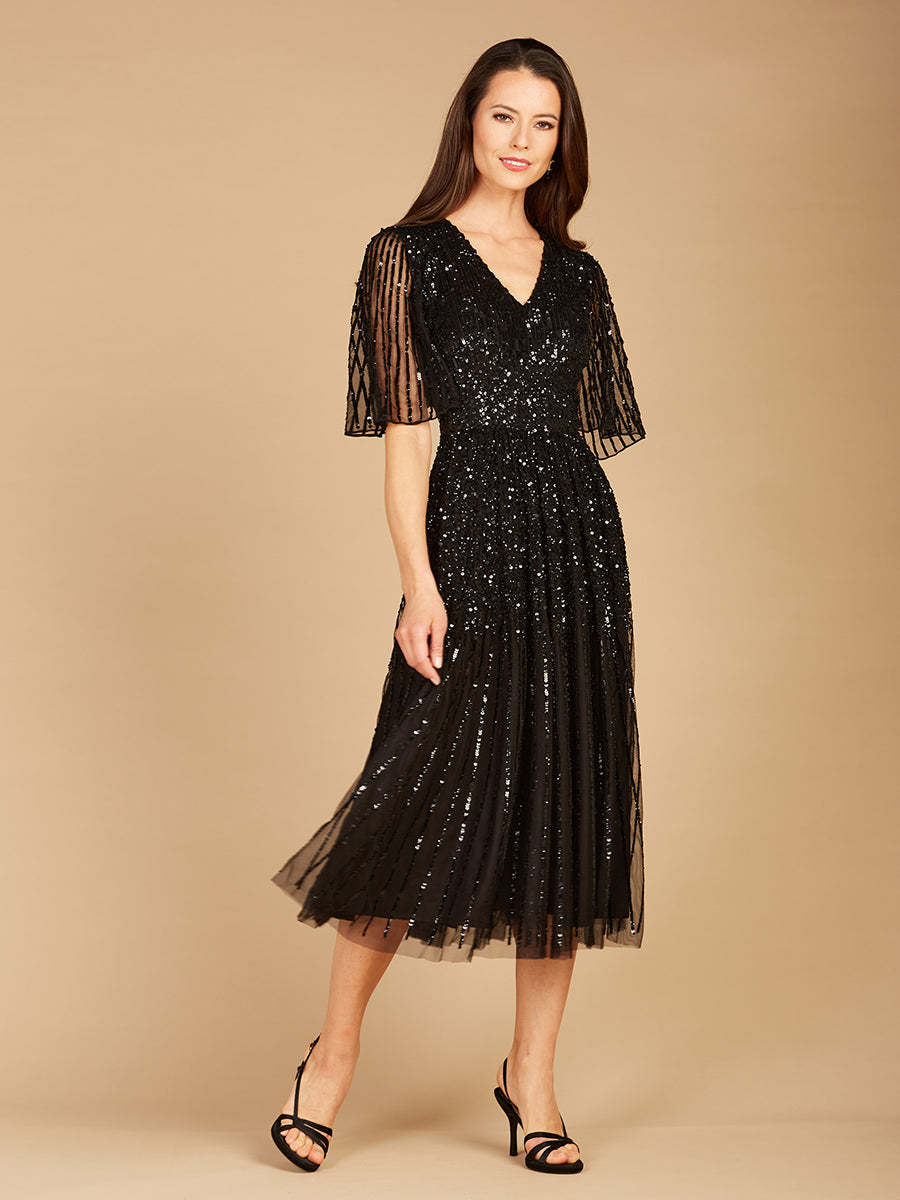 Lara Women's Flowing, Sequin Midi Dress with Short Sleeves - Navy - 16 Lara Women's Flowing, Sequin Midi Dress with Short Sleeves - Navy - 16