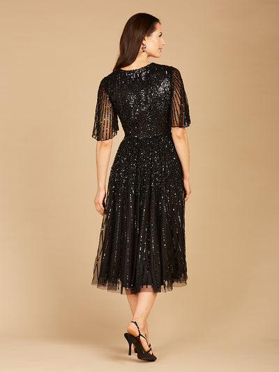 Lara 29221 - Flowing, Sequin Midi Dress with Short Sleeves