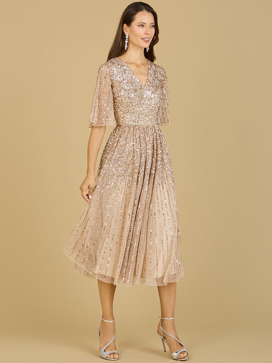 Lara Women's Flowing, Sequin Midi Dress with Short Sleeves - Champagne - 6 Lara Women's Flowing, Sequin Midi Dress with Short Sleeves - Champagne - 6