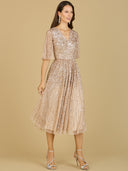 Lara 29221 - Flowing, Sequin Midi Dress with Short Sleeves-Dresses-Lara-2-Champagne-Lara