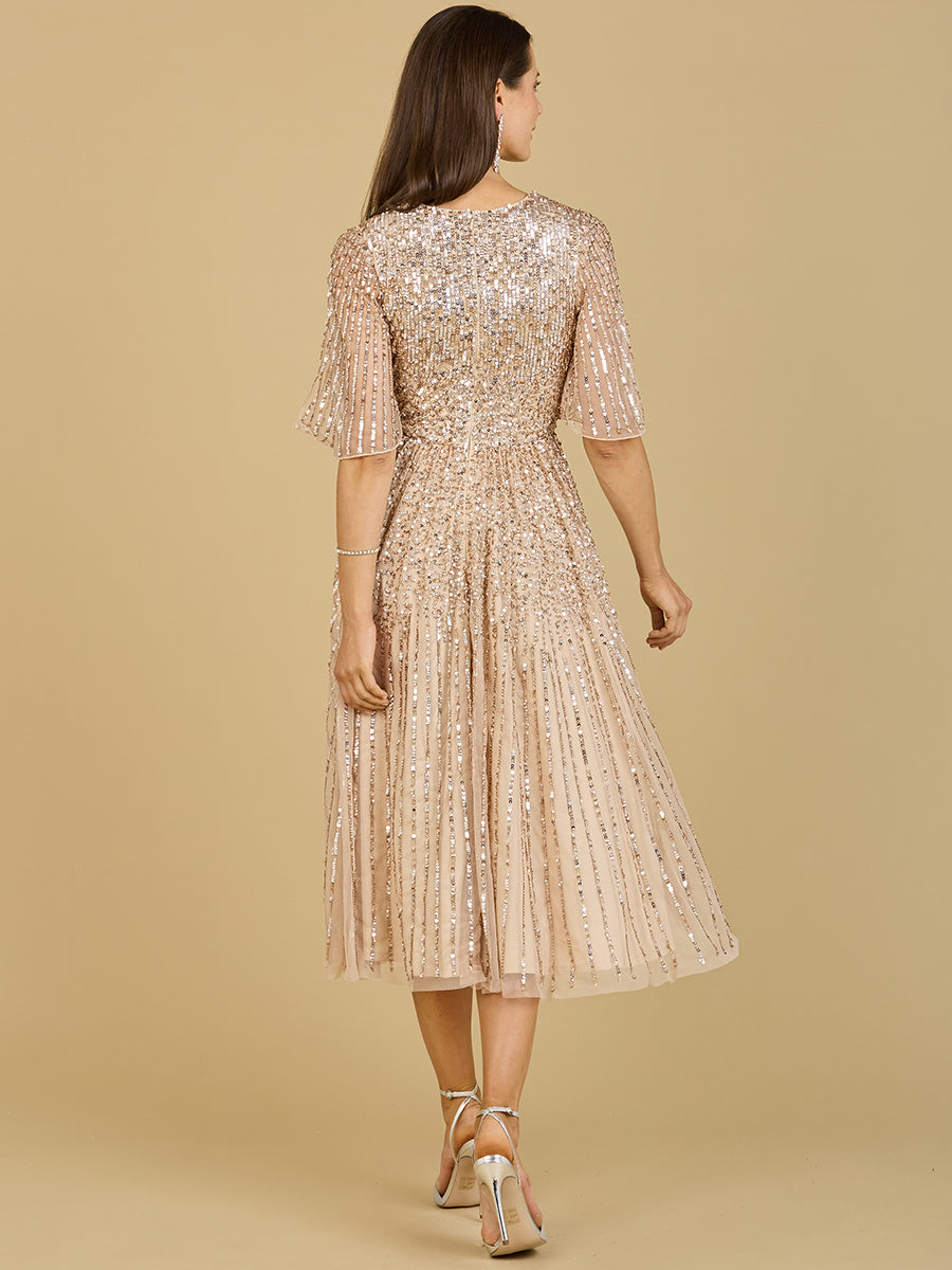 Lara Women's Flowing, Sequin Midi Dress with Short Sleeves - Champagne - 6 Lara Women's Flowing, Sequin Midi Dress with Short Sleeves - Champagne - 6