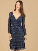 Lara 29223 - Knee Length, Long Sleeve Cocktail Dress-Dress-Lara-4-Navy-Lara