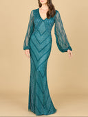 Lara 29228 - Long Sleeve Beaded Dress with Sheer Sleeves-Lara-4-Teal-Lara