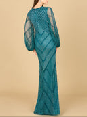 Lara 29228 - Long Sleeve Beaded Dress with Sheer Sleeves-Lara-Lara